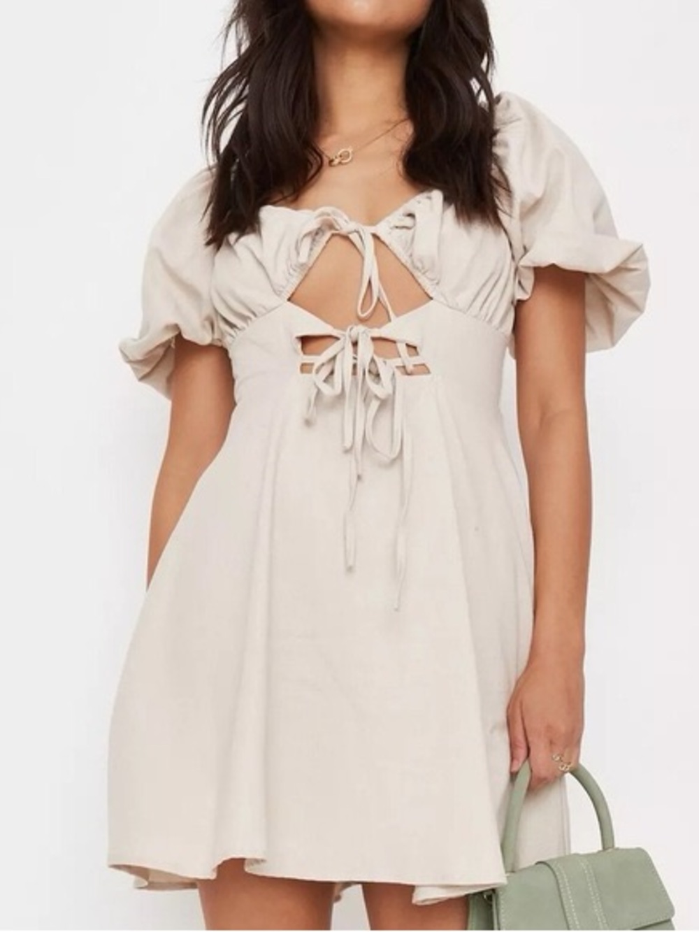 Missguided Cream Tie-Front Puff Sleeve Mini Dress